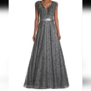 Basix Charcoal Feather Trim Sequin Sleeveless A Line Gown 6